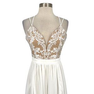 Privy Embroidered Plunging Neckline Chiffon Prom Gown Off White Size Small NWT